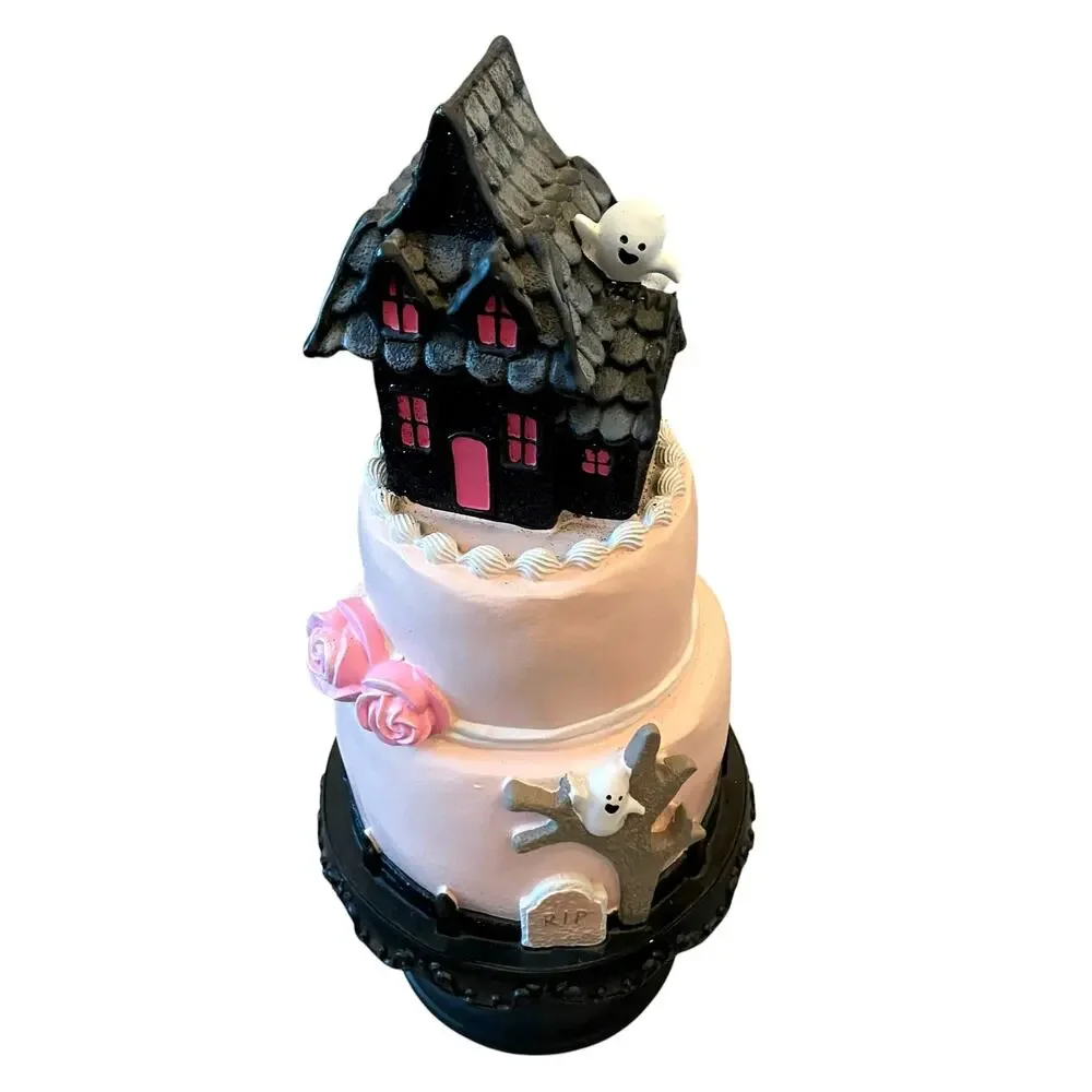 Viral Pink & Black Halloween Haunted House Faux Cake 22in Glitter Ghosts NEW